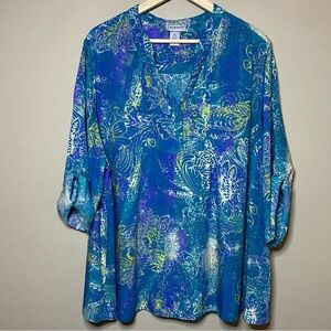 Catherines Henley Women 2X 22/24W Blue Purple Floral Roll Tab Short Sleeve